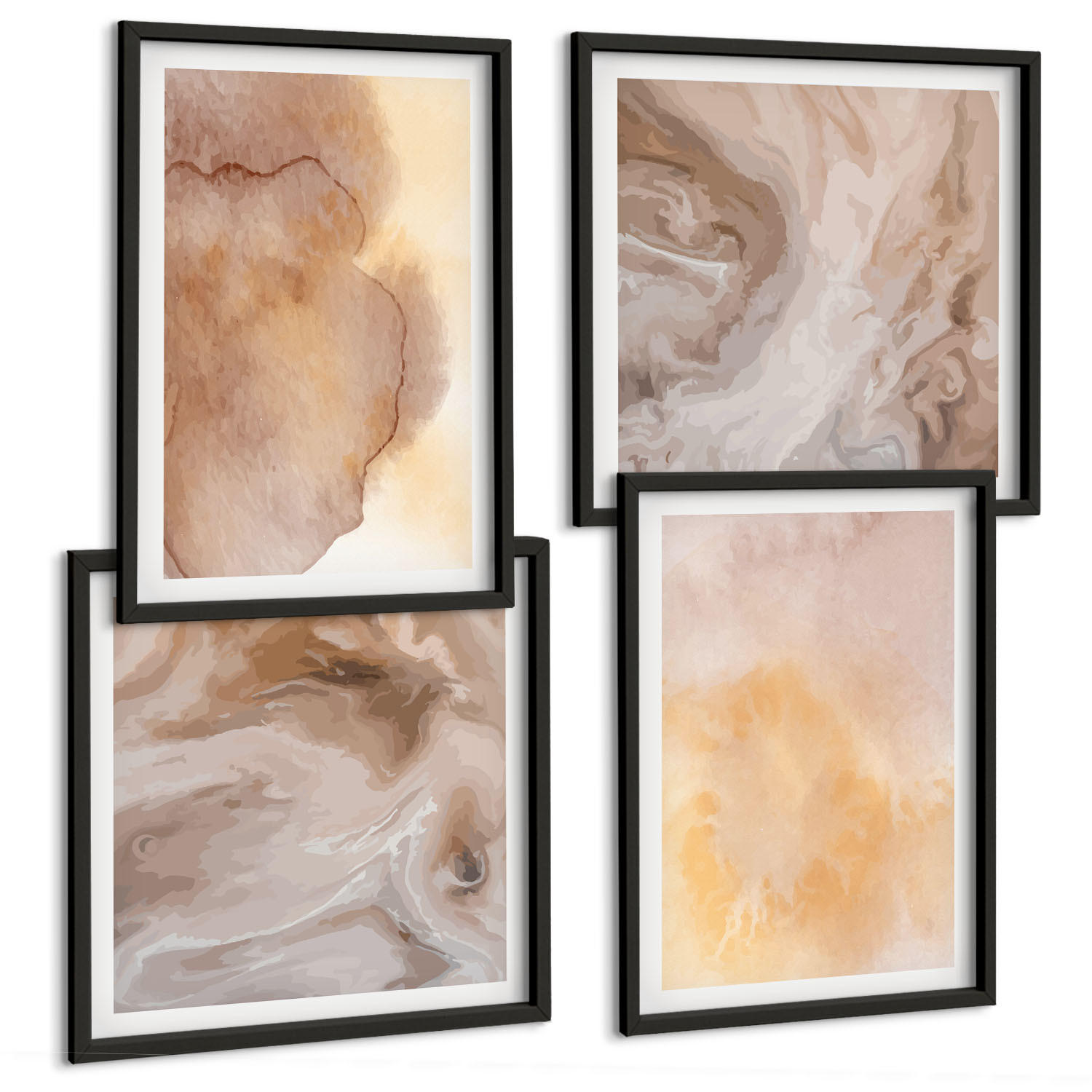 BILDER SET 4er Set - 50x50 cm & 40x60 cm Schwarzer Rahmen - Warme Aquarellfarben auf Leinwand - Schwarz, Kunststoff (50/50cm) - TULUP