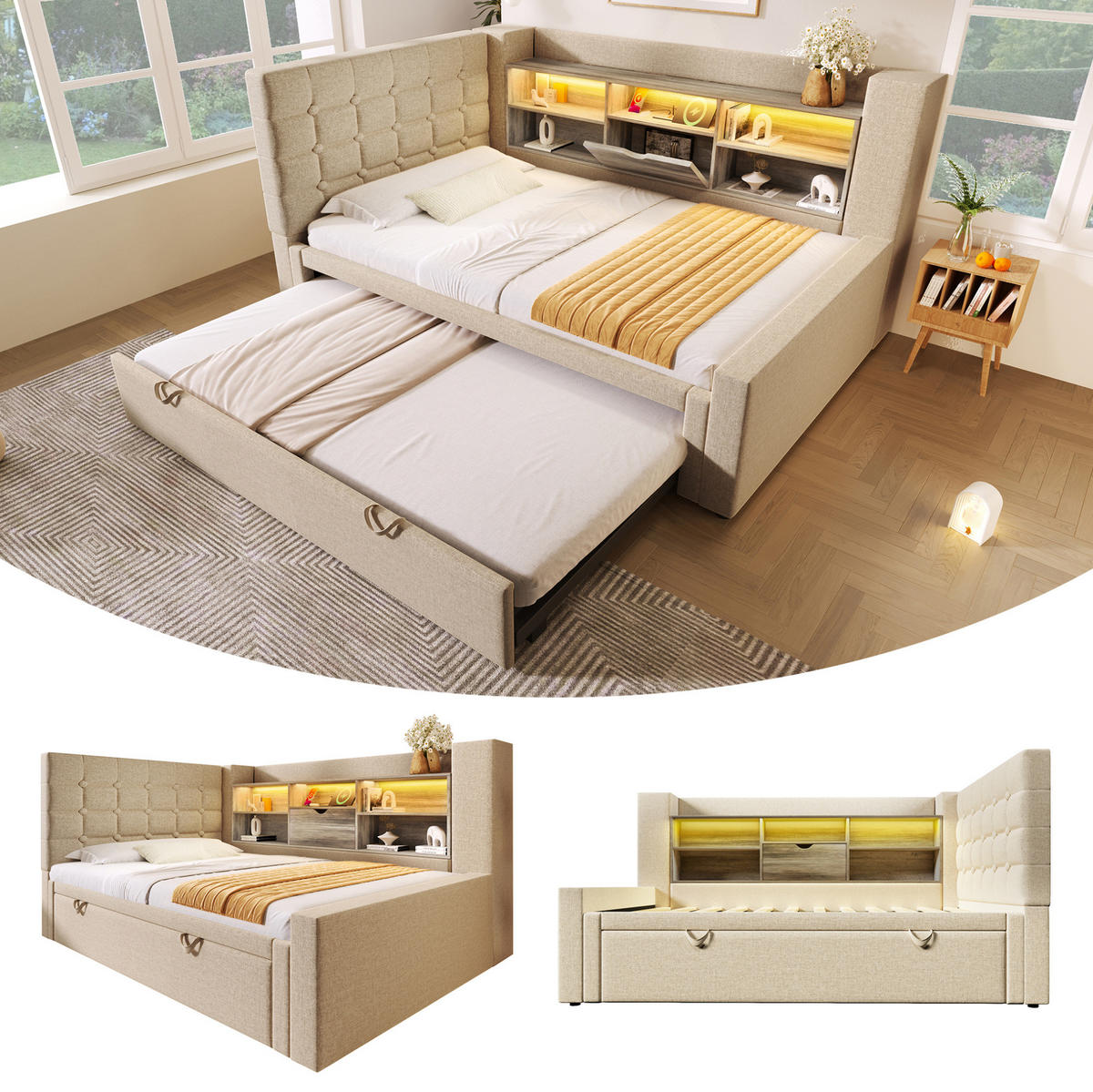 POLSTERBETT 90/200 cm Beige aus Leinen mit Ausziehbett - Beige, Textil (90/200cm) - OKMYHOME