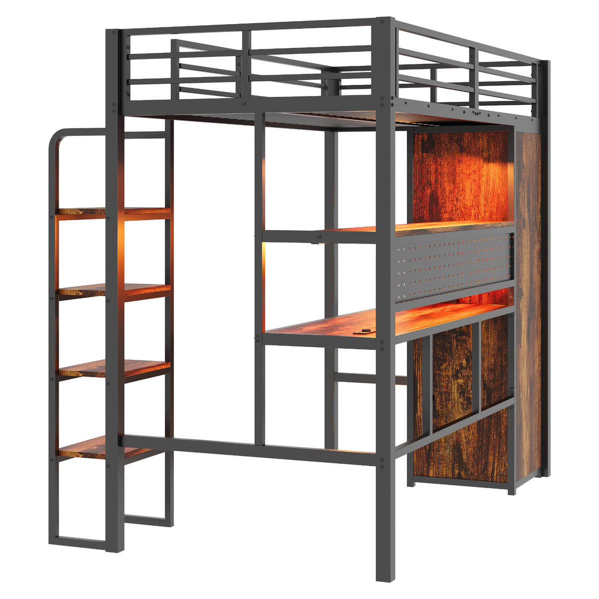 HOCHBETT 90/200 cm DE-01505, in Schwarz, mit Schreibtisch, LED-Lichtleiste und Kleiderschrank - Schwarz, Metall (90/200cm) - ComfortXL