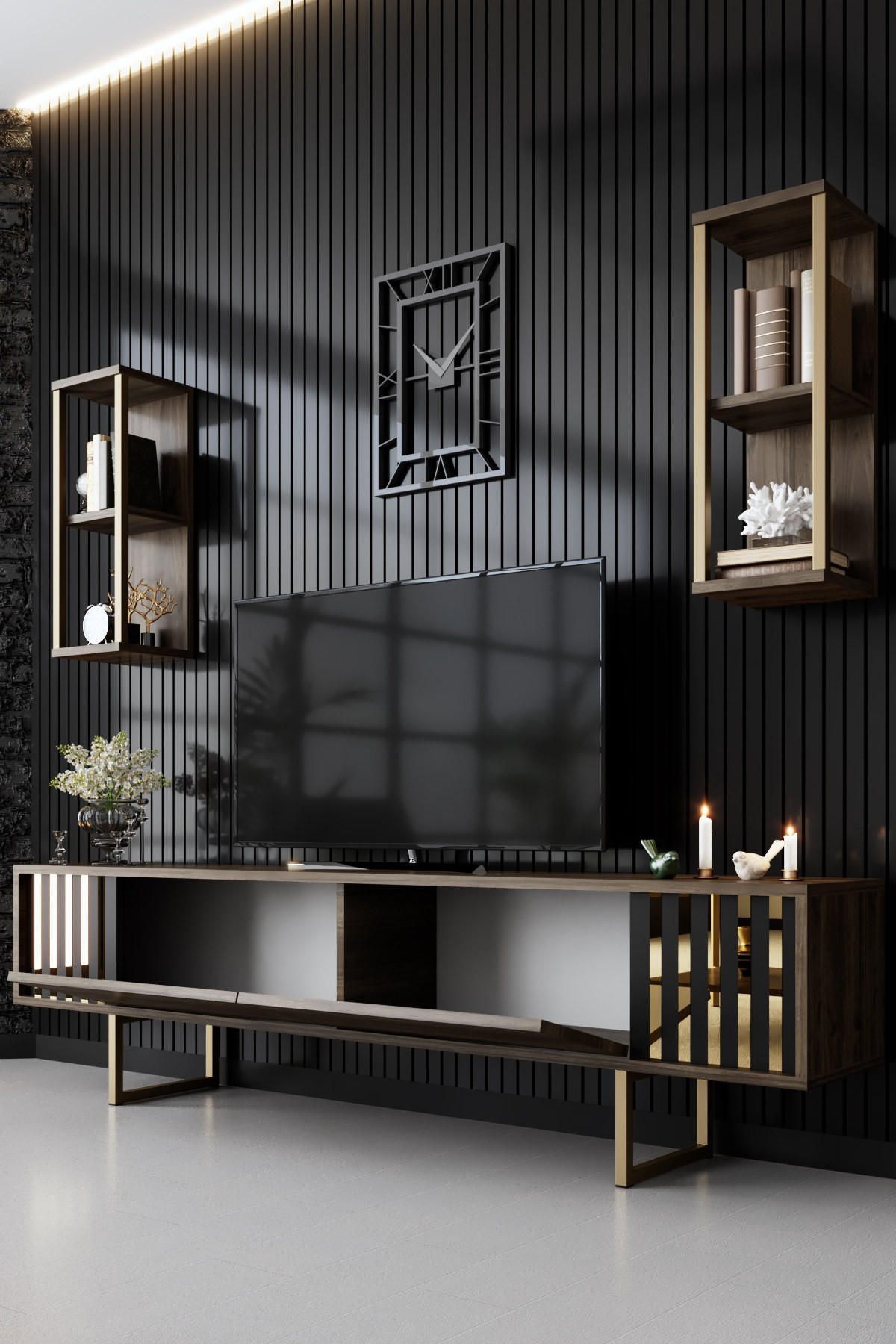 TV-MÖBEL Gold Line Nussbaum-Schwarz - Nussbaumfarben/Schwarz, Holz (180/48/30cm) - Habitat Garten