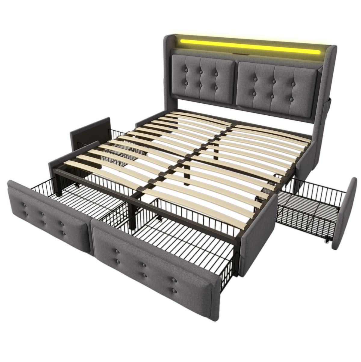 POLSTERBETT mit LED, USB und 4 Schubladen 160x200 cm Grau - Grau, Metall (160/200cm) - Meubliv
