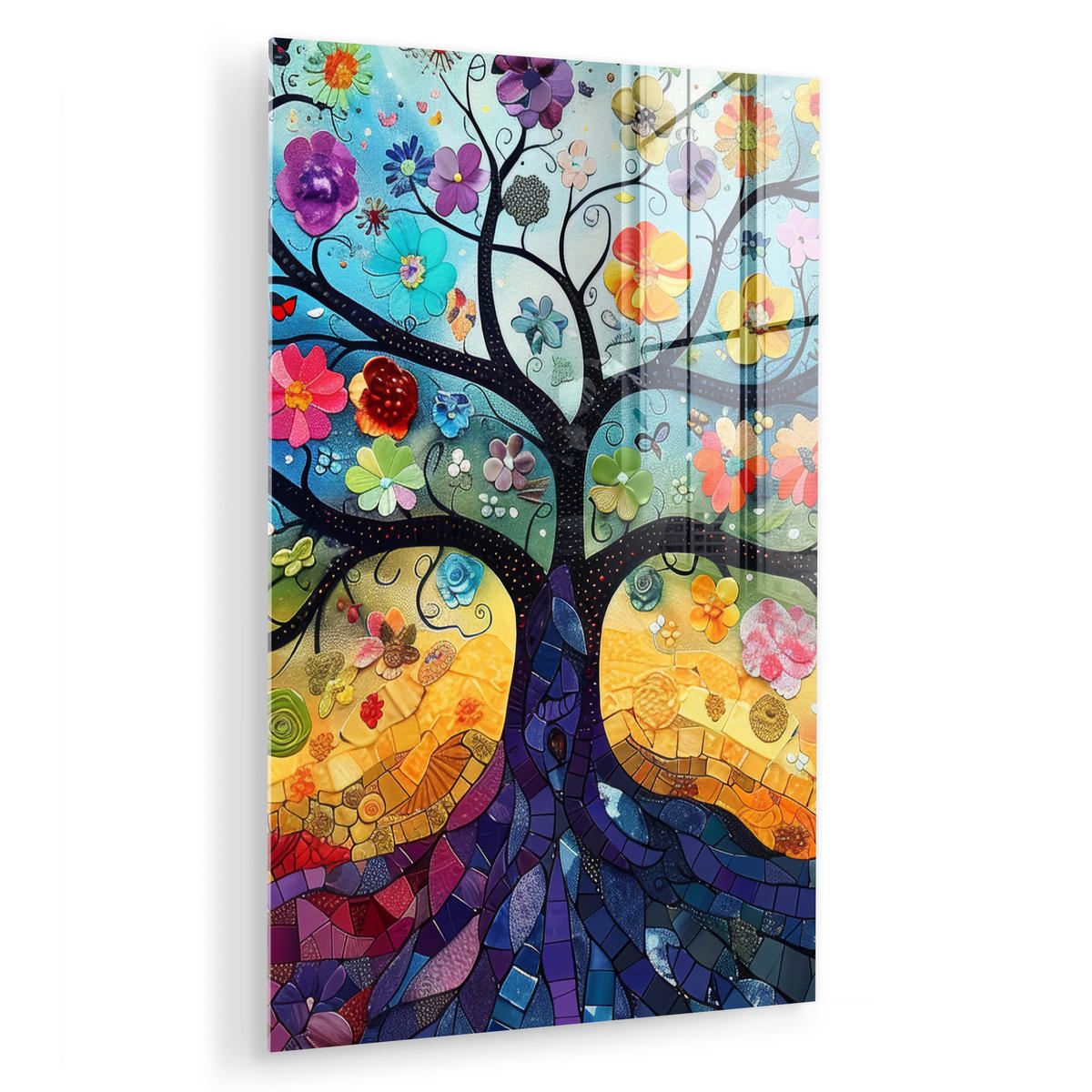 ACRYLGLASBILD Kunst - Baum des Lebens - Blumen - Hippie 40x60 cm - Dunkelblau, Glas (40/60cm) - MuchoWow