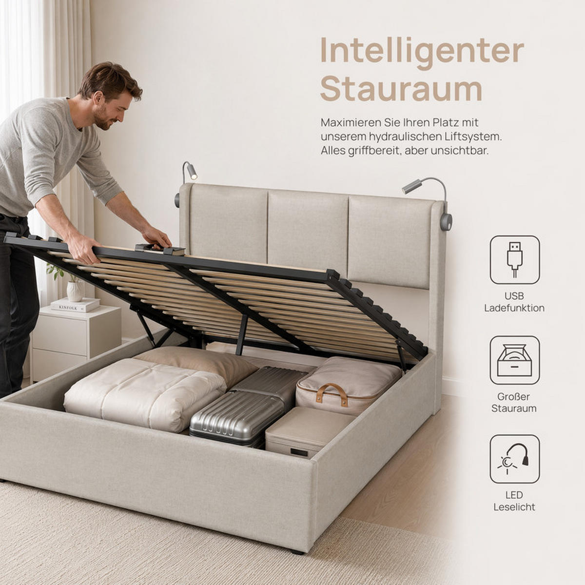 POLSTERBETT 160x200 cm Beige Leinen LED Gaslift Bettkasten - Beige, Holz (160/200cm) - SHOPENTRA