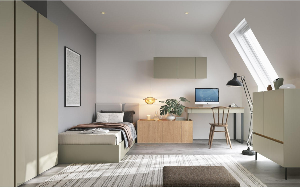 JUGENDZIMMER Laris Set C mit Bett 90 x 200 - Eukalyptus / Eiche Baltic Dune - Eukalyptusholzfarben/Eichefarben, Holzwerkstoff/Metall (145/195/50cm) - QMM TraumMöbel