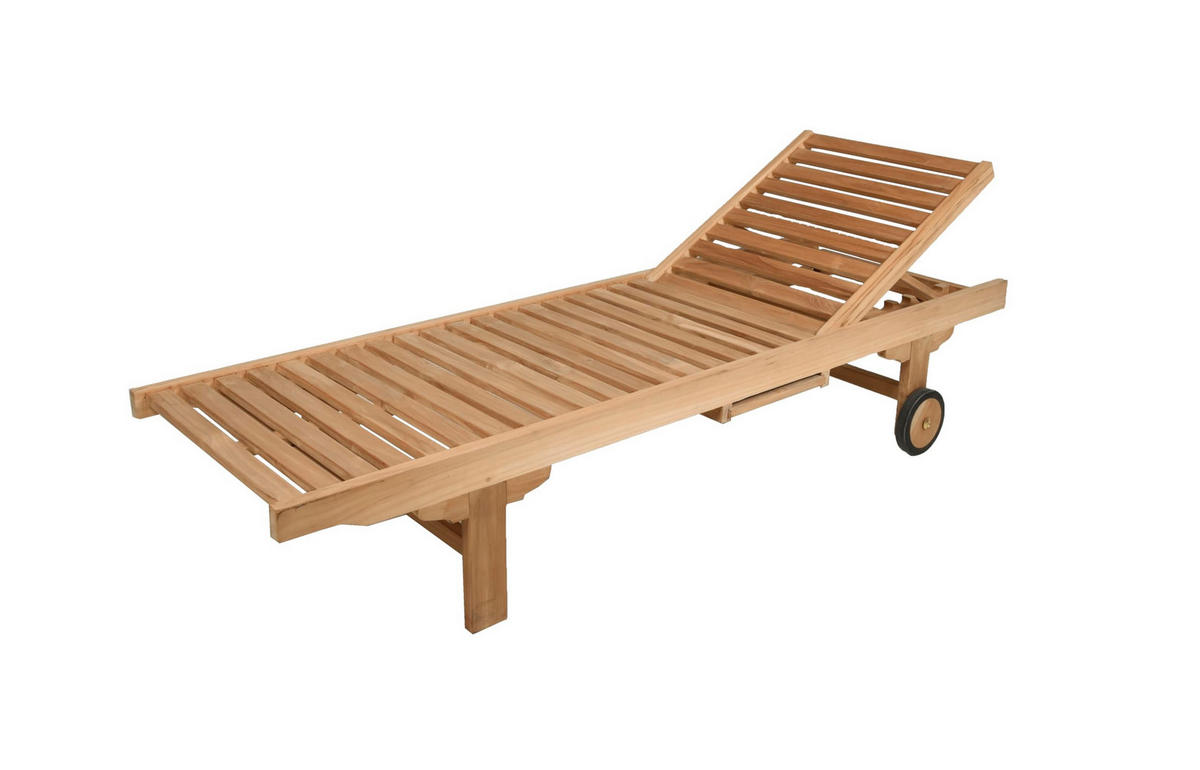 SONNENLIEGE Leo Verstellbar mit Ablagebord Natur Teak Gartenliege mit Rollen - Naturfarben, Holz (64.5/85/198cm) - DELUKE