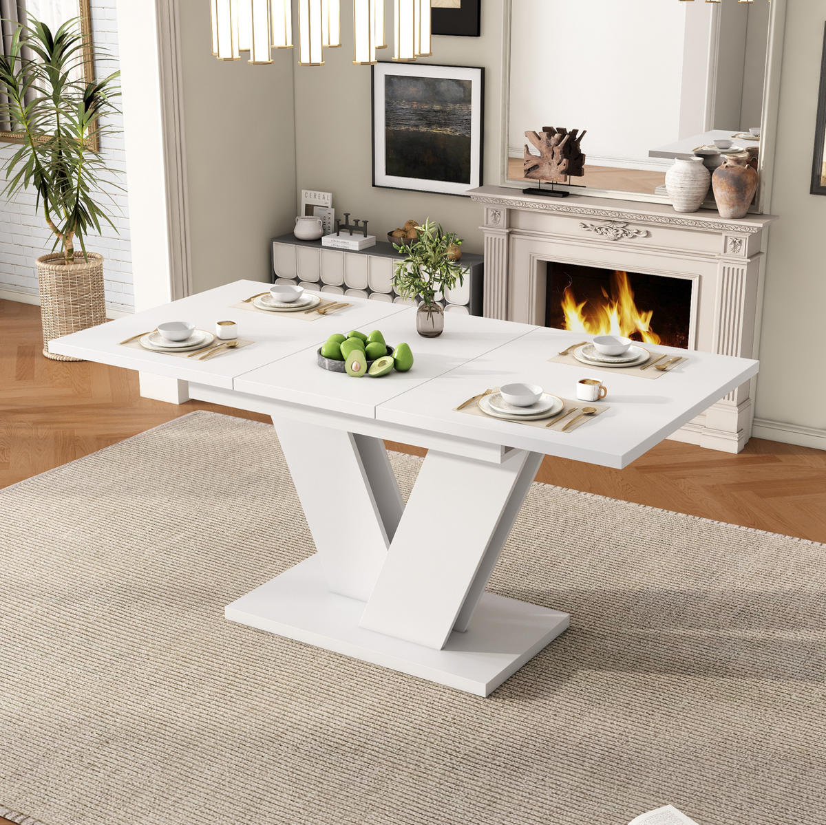 ROZKLÁDACÍ jídelní stůl 120/160 x 80 cm bílý z MDF s V nohami - bílá, kompozitní dřevo (160/80/75cm) - OKWISH