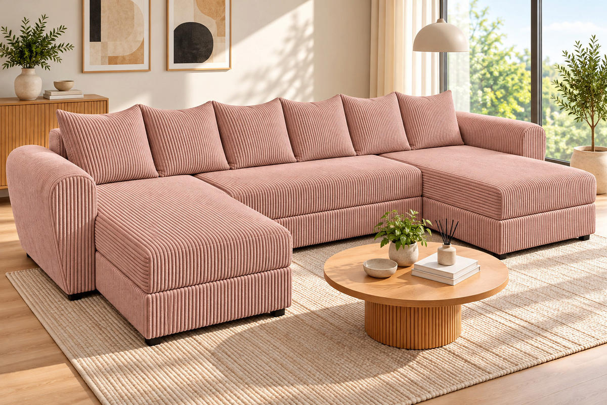 WOHNLANDSCHAFT PUMA U 308 cm – Cord Sofa in U-Form mit Schlaffunktion, Bettkasten und weichem Cordbezug - Schwarz/Rosa, Kunststoff (308/85/140cm)