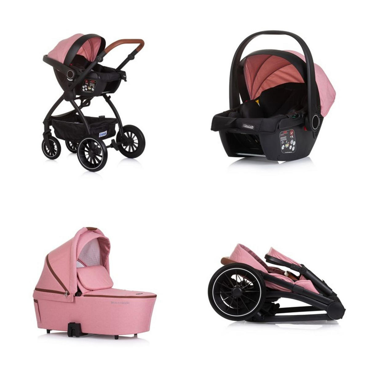 KOMBIKINDERWAGEN Prestige 3 in 1 rosa Babywanne Rucksack i-Size Babyschale - Rosa, Metall (85/59/123cm) - Chipolino