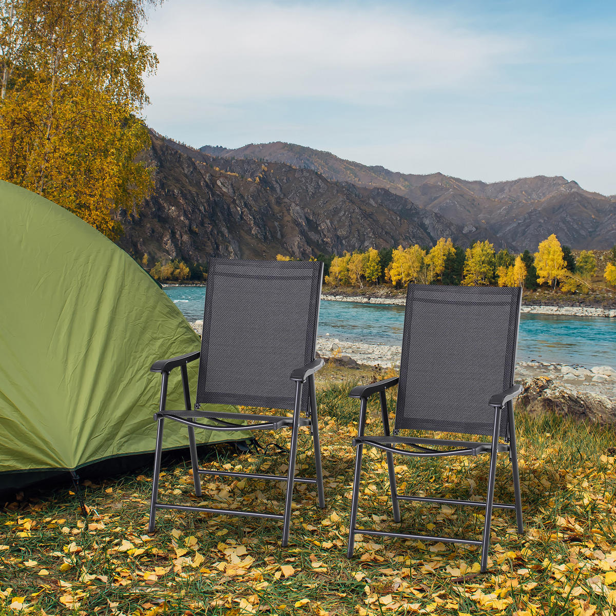 KLAPPSTUHL mit Armlehne 2er-Set Campingstuhl Angelstuhl Metall Schwarz - Schwarz, Textil/Metall (64/94/58cm) - Outsunny