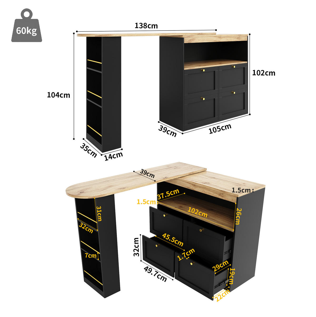 L-FÖRMIGER Schrank 105x39x102cm Schwarz mit drehbarem Seitenrahmen & 4 Schubladen - Schwarz, Holzwerkstoff (105/102/39cm) - Modfu
