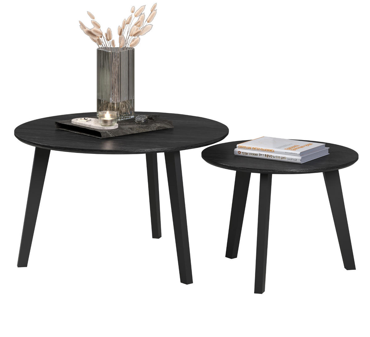 COUCHTISCH 2er Set Esche schwarz, 2x Beistelltisch rund - Schwarz, Holzwerkstoff (50/50/39cm) - Top.Furn