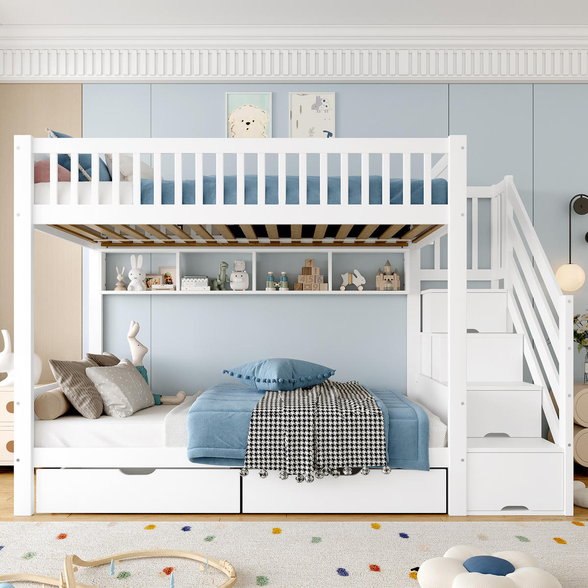 ETAGENBETT 90/200 cm in Weiß mit Schubladen, Regal, Kleiderschrank und Staufach - Weiß, Holz/Holzwerkstoff (90/200cm) - CHICFURN