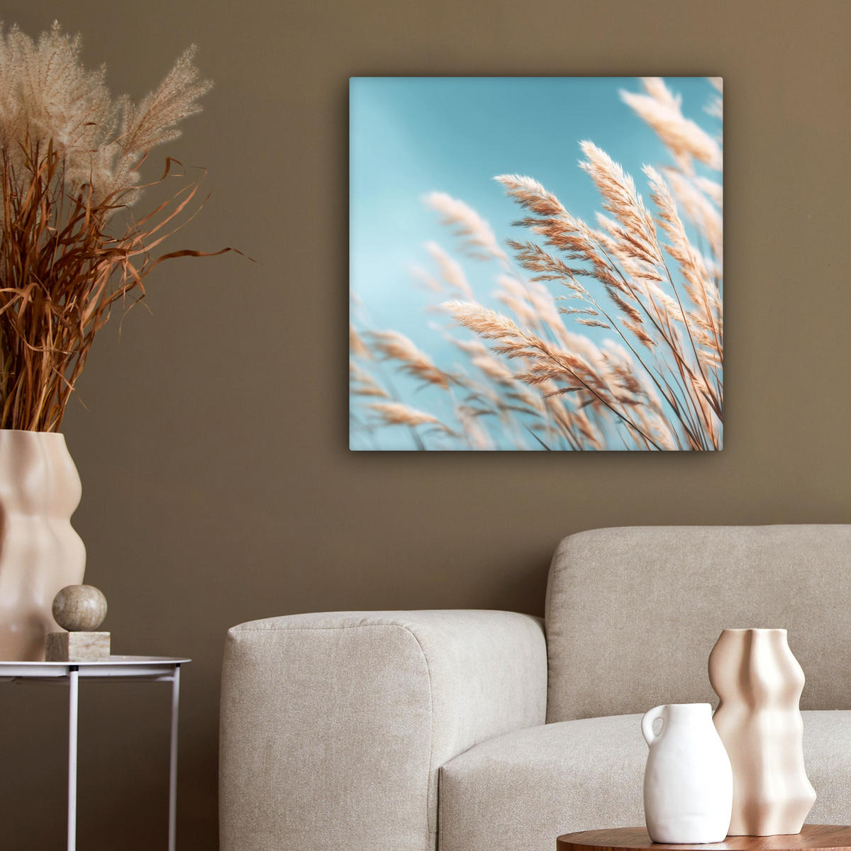 LEINWANDBILD Ziergras - Wind - Hellbraun Wandbild Wohnzimmer 50x50 cm - Hellblau, Textil (50/50cm) - MuchoWow