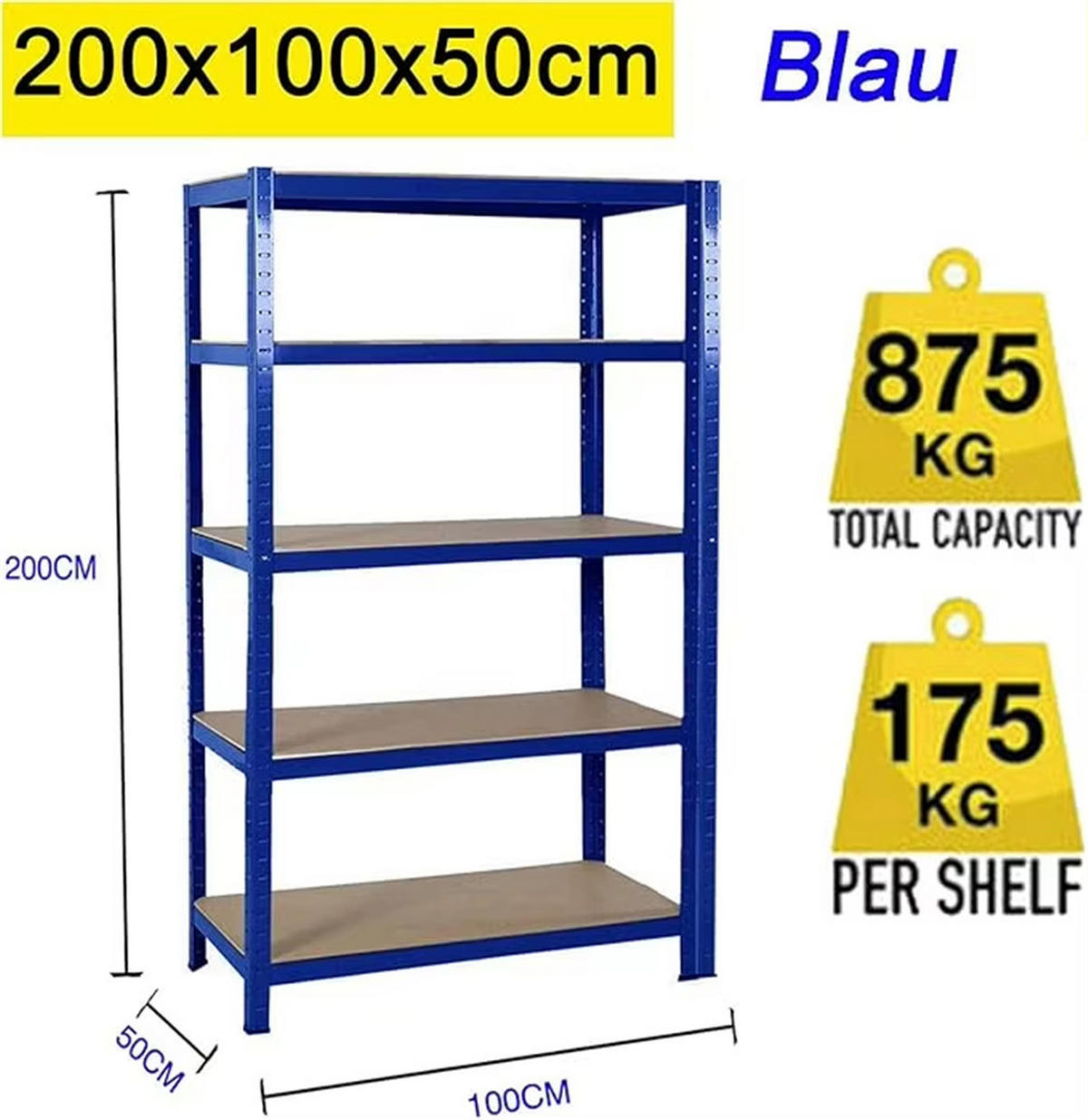 SCHWERLASTREGAL 100x200x50 cm Metall Lagerregal - Blau, Metall (100/200/50cm) - Kaket