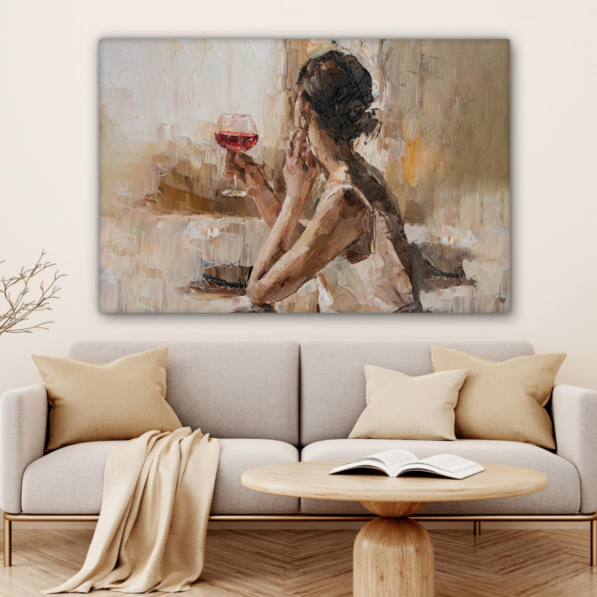 LEINWANDBILD Ölgemälde - Frau - Wein Wohnzimmer Groß 120x80 cm - Hellbraun, Textil (120/80cm) - MuchoWow