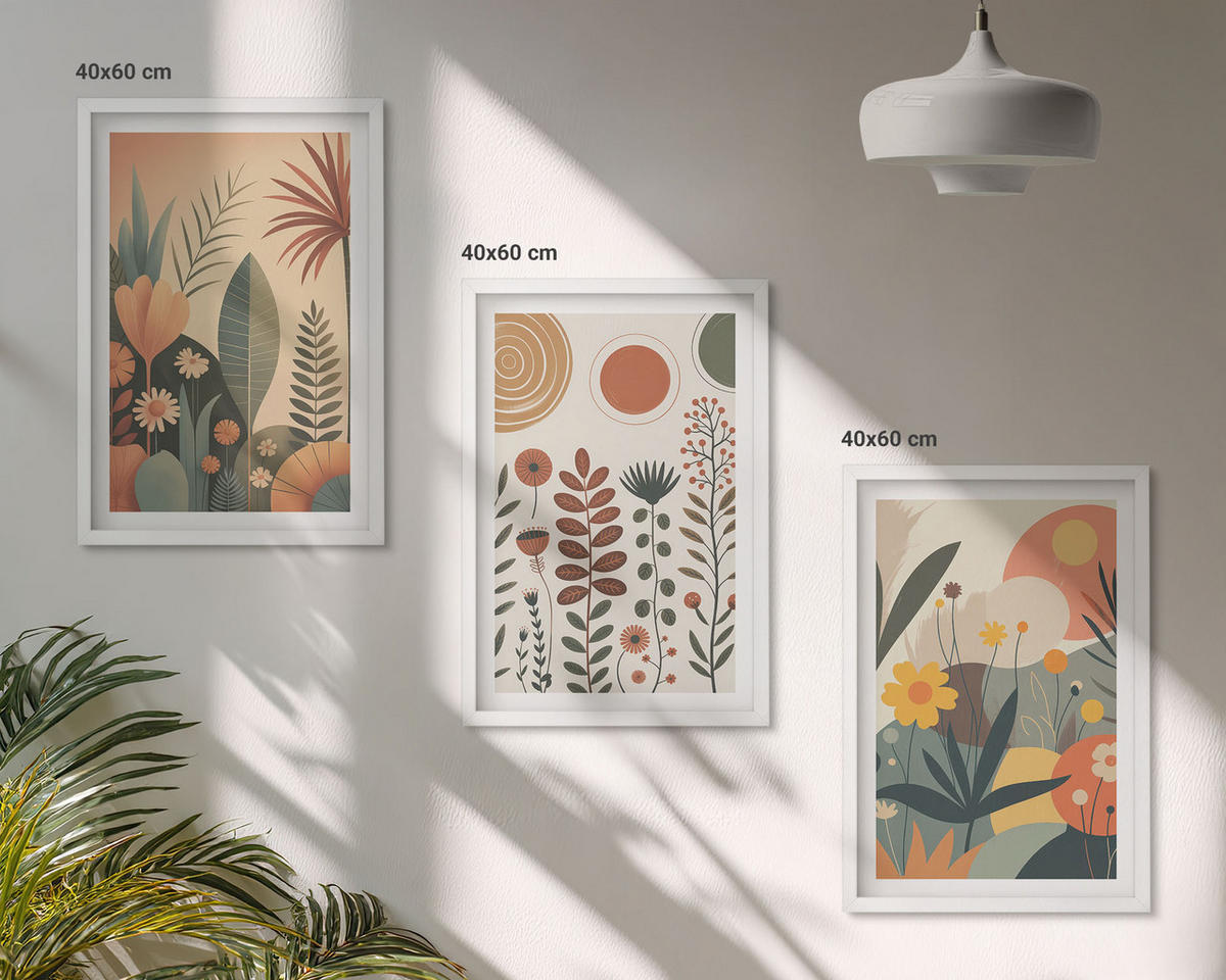 BILDER SET 3er Set - 40x60 cm Weißer Rahmen - Boho-Pflanzenmuster Natur - Weiß, Kunststoff (40/60cm) - TULUP