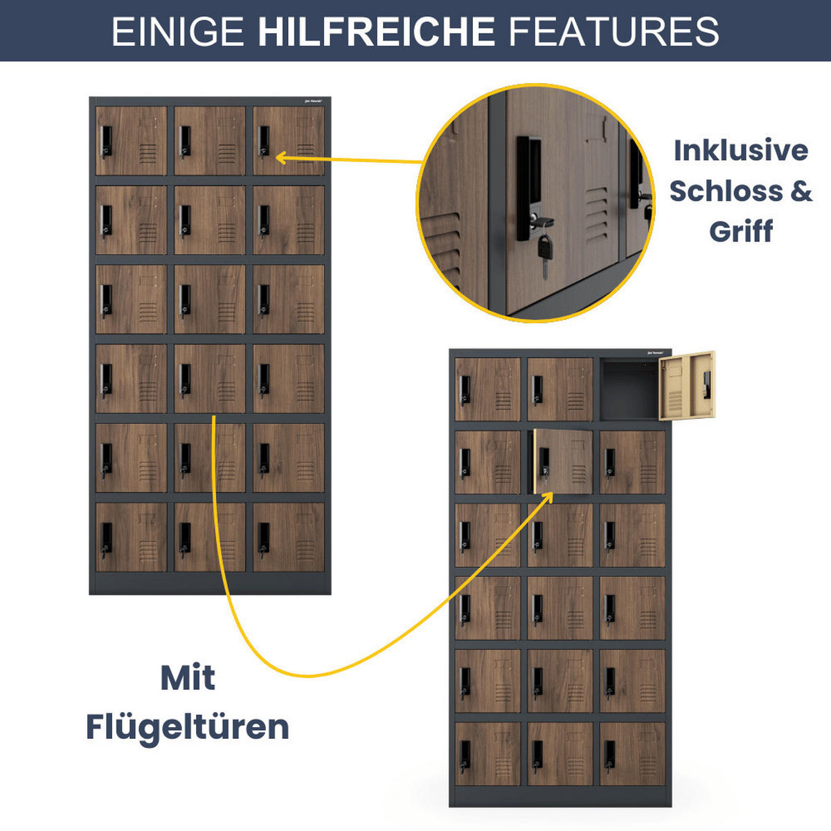 SCHLIESSFACHSCHRANK Spind BERN 18 Fächer185x90x40cm Anthrazit-Nussbaum - Anthrazit, Metall (90/185/40cm) - DELUKE