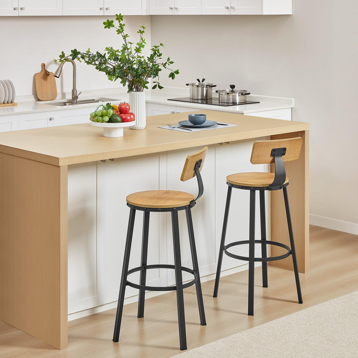 BARHOCKER Holzoptik Metall Honigbraun Schwarz 2er Set mit Rückenlehne 99x54,5x54,5 cm - Schwarz/Honig, Holzwerkstoff/Metall (37/99/55cm) - Begryf