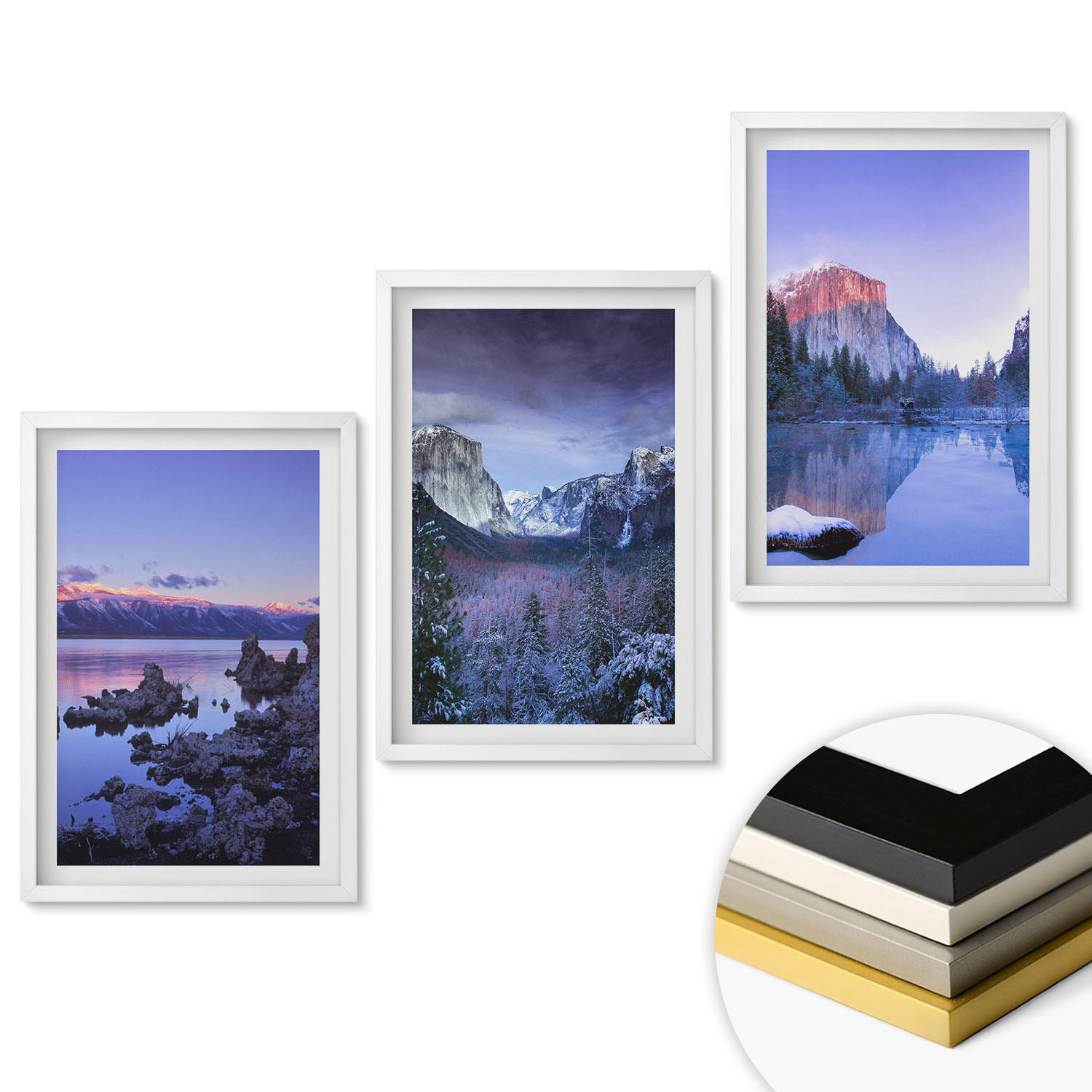 WANDBILDER 3er-Set - 40x60 cm Weißer Rahmen - Berglandschaften, Sonnenuntergang, Wasser - Weiß, Kunststoff (40/60cm) - ArtPrintCave