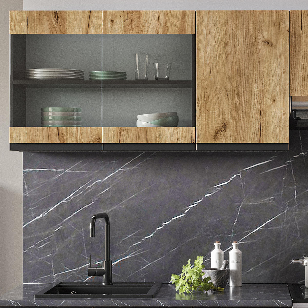 KÜCHENZEILE Raul Goldkraft Eiche/Anthrazit 240 cm - Honigeiche/Anthrazit, Holzwerkstoff (240/81.6/46cm) - Vicco