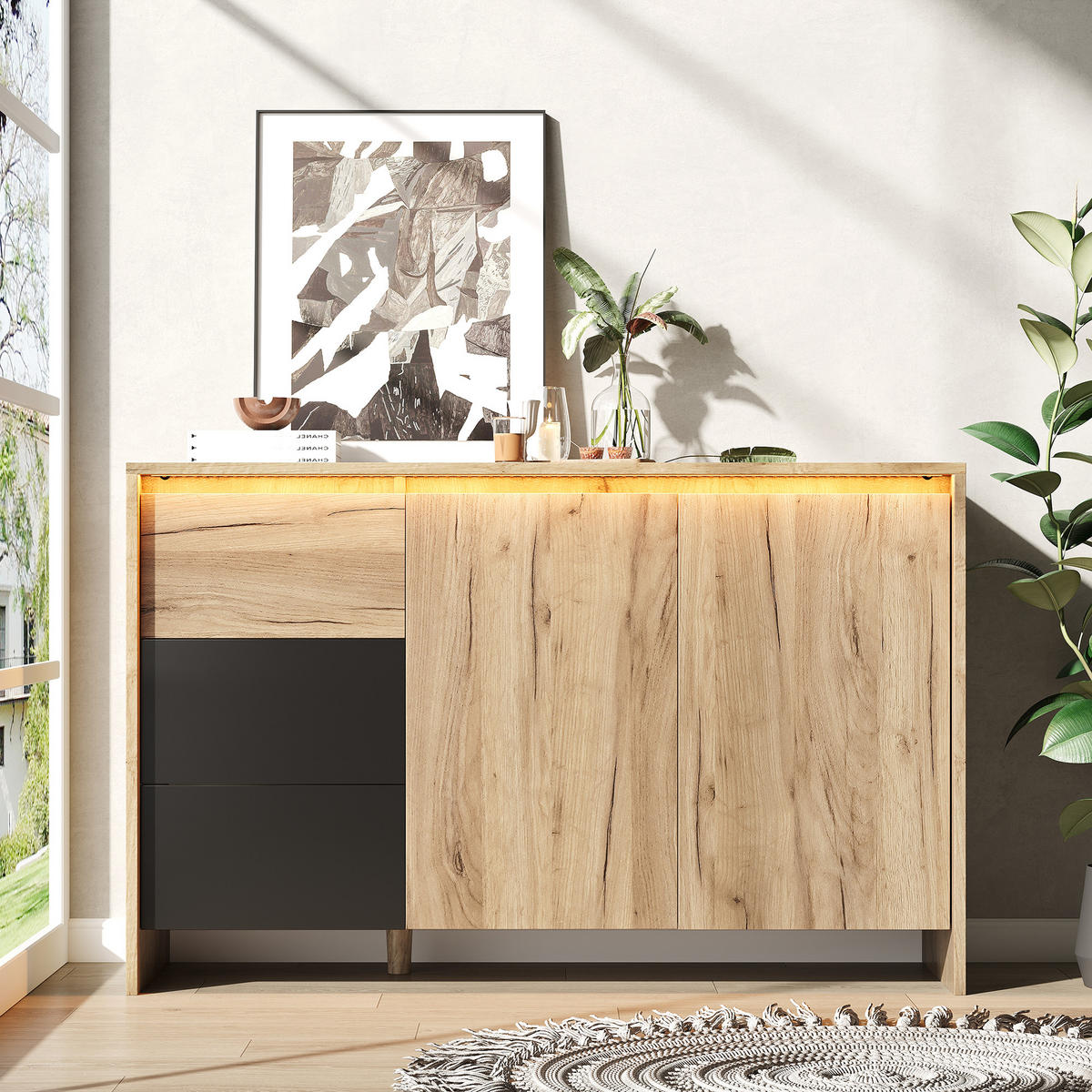 SIDEBOARD Holz Schwarz LED 3 Schubladen 120x40x76cm - Multicolor, Holzwerkstoff (40/76/120cm) - FLIEKS