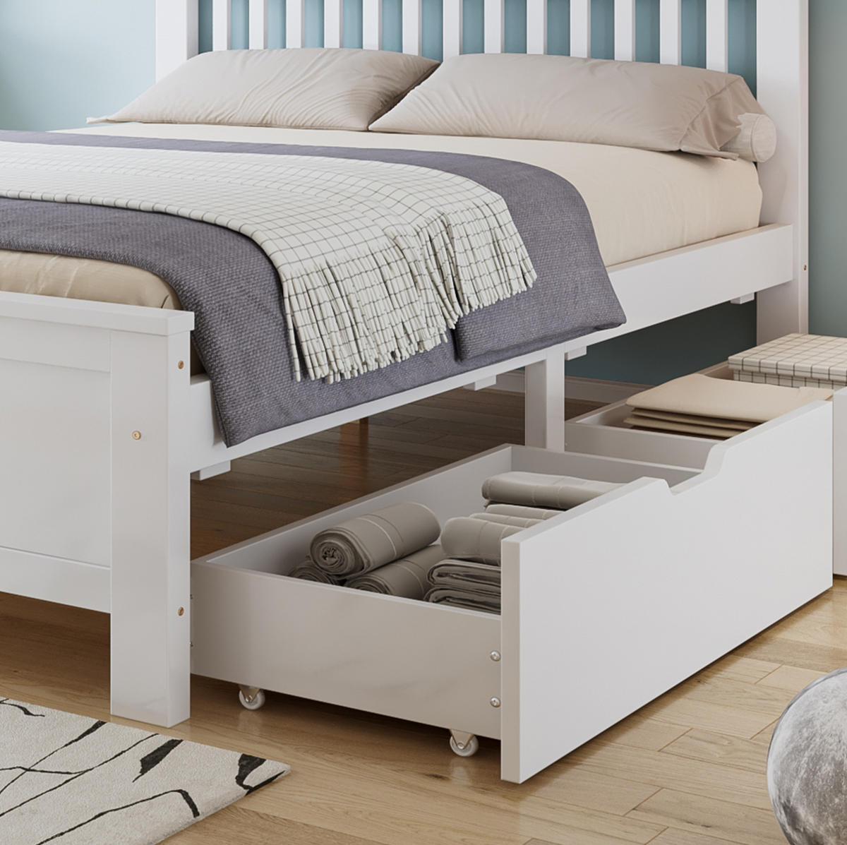 DOPPELBETT 140/200 cm mit 2 Schubladen und Massivholzrahmen, Weiß - Weiß, Holz (140/200cm) - Redom