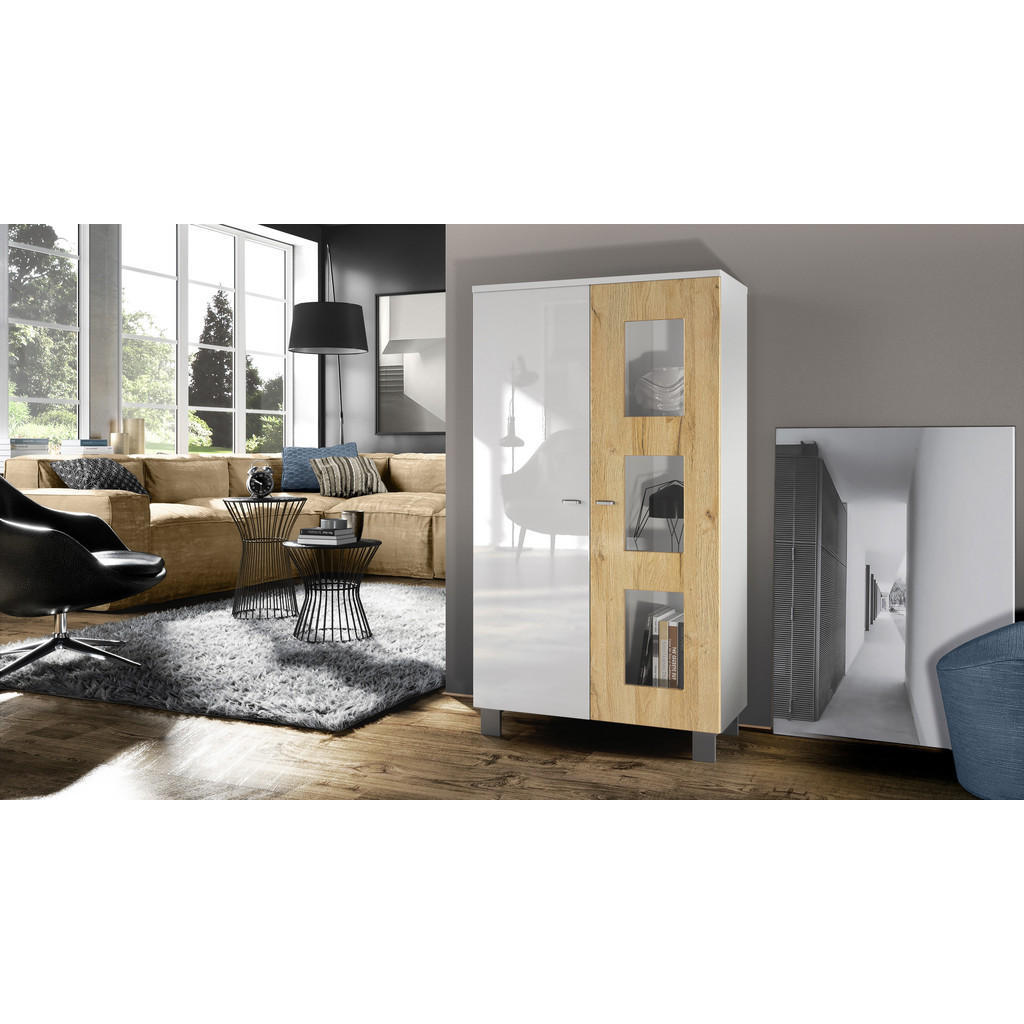 Thumbnail - Vladon Vitrine, Eiche, Holzwerkstoff, 71x129x35 cm, Wohnzimmer, Wohnwände, Vitrinenschränke