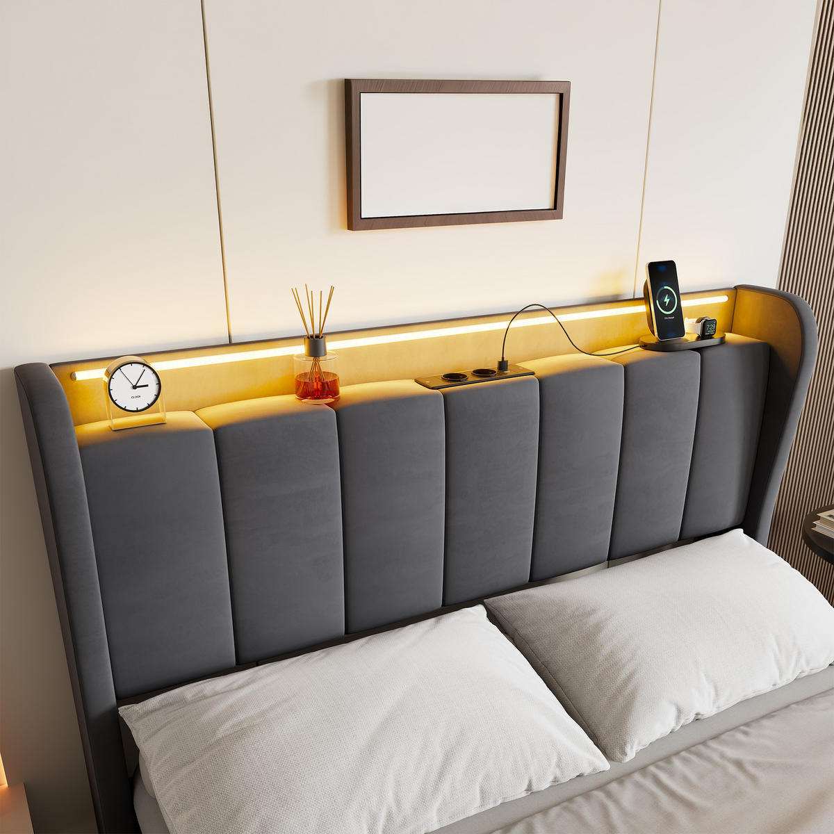 ČALOUNĚNÁ postel 140/200 cm tmavě šedá ze sametu s hydraulickým úložným prostorem, LED a nabíjecí stanicí - tmavě šedá, textil (140/200cm) - OKWISH