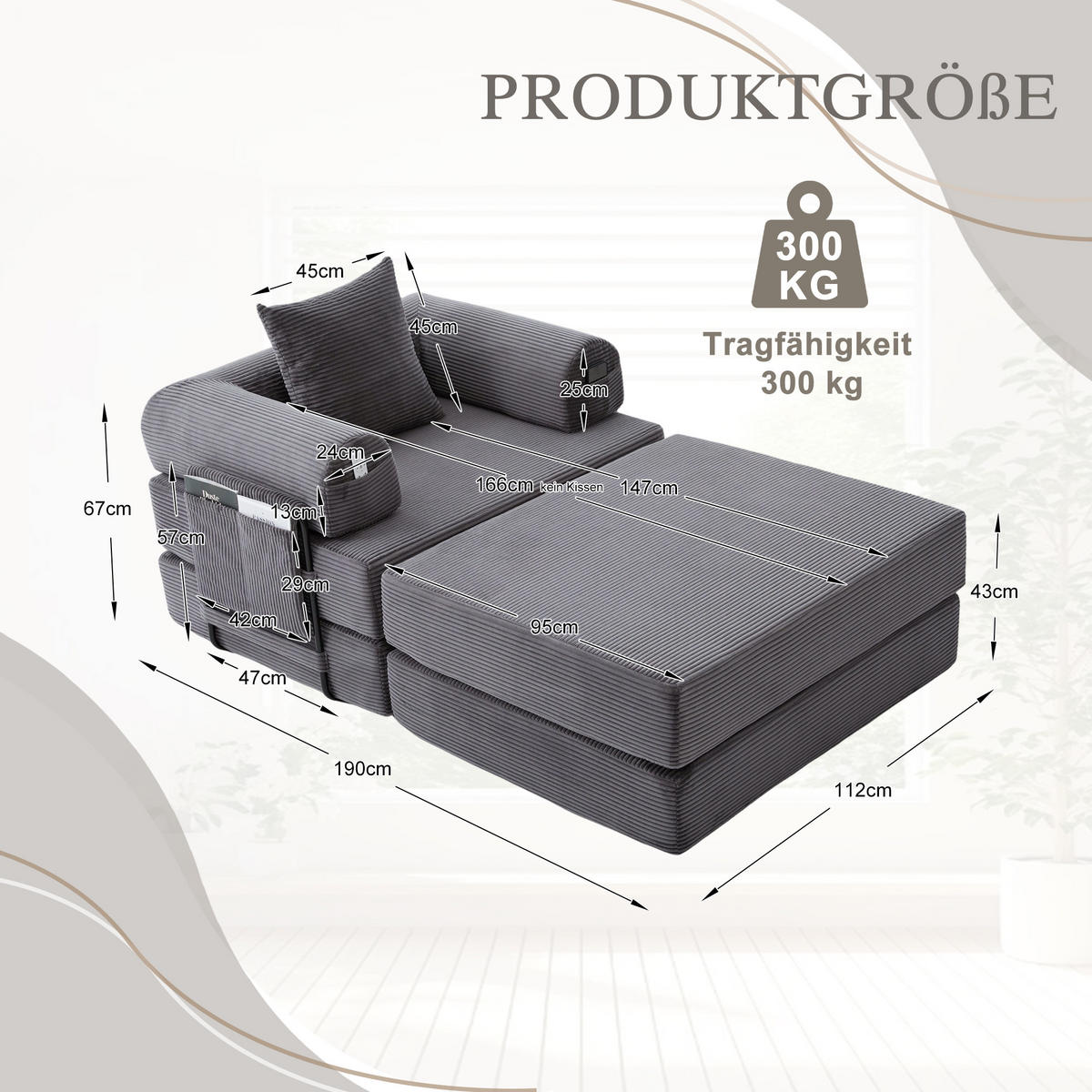 SOFA Cord Dunkelgrau mit Hocker, Kissen und Seitentasche - Dunkelgrau, Textil/Metall (112/67/190cm) - WISHDOR