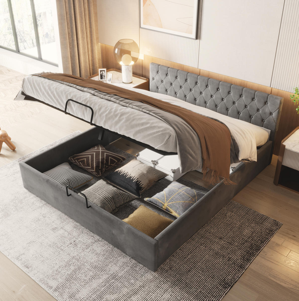 ČALÚNENÁ posteľ zo zamatu 180x200 cm sivá s hydraulickým úložným priestorom, lamelovým roštom a prešívaným čelom - sivá, textil (180/200cm) - Modfu