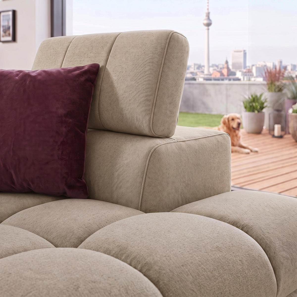 ECKSOFA PUDDING MAXI L Rechts mit Schlaffunktion 125x195 Velours Beige - Beige/Schwarz, Holz/Textil (350/203cm) - Muffo