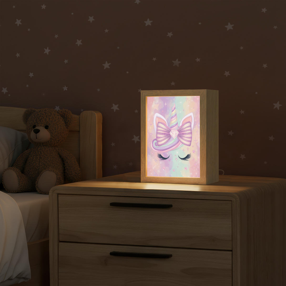 NÁSTĚNNÁ LAMPA Jednorožec - Třpytky - Duha - Pastelové barvy 15x20 cm - světle růžová, kompozitní dřevo (15/20/8cm) - OnlyWow