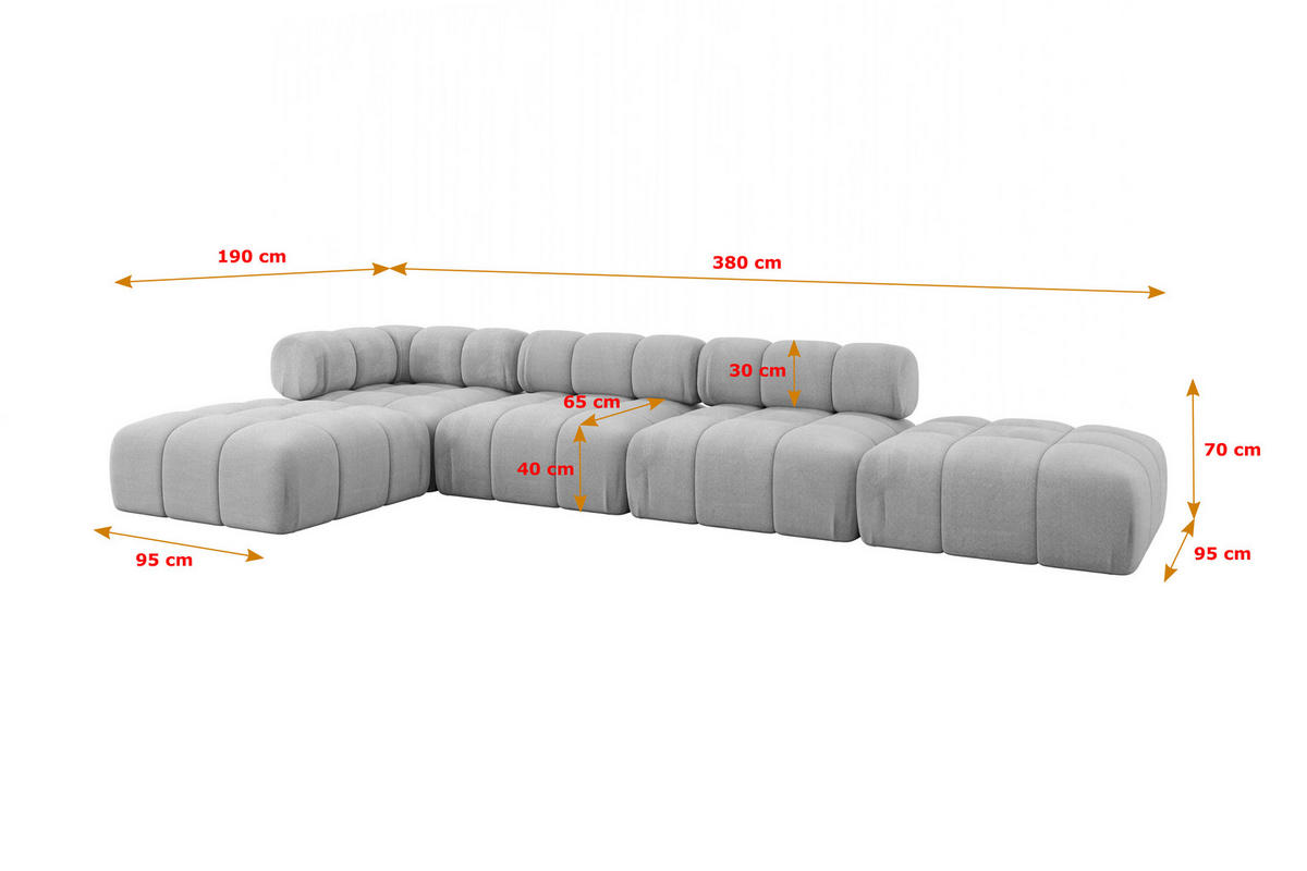 ECKSOFA modulares Sofa Kerru-L2 - 380x190x70 cm Hellgrau Velours - Hellgrau, Holzwerkstoff/Textil (380/190cm) - ALTDECOR