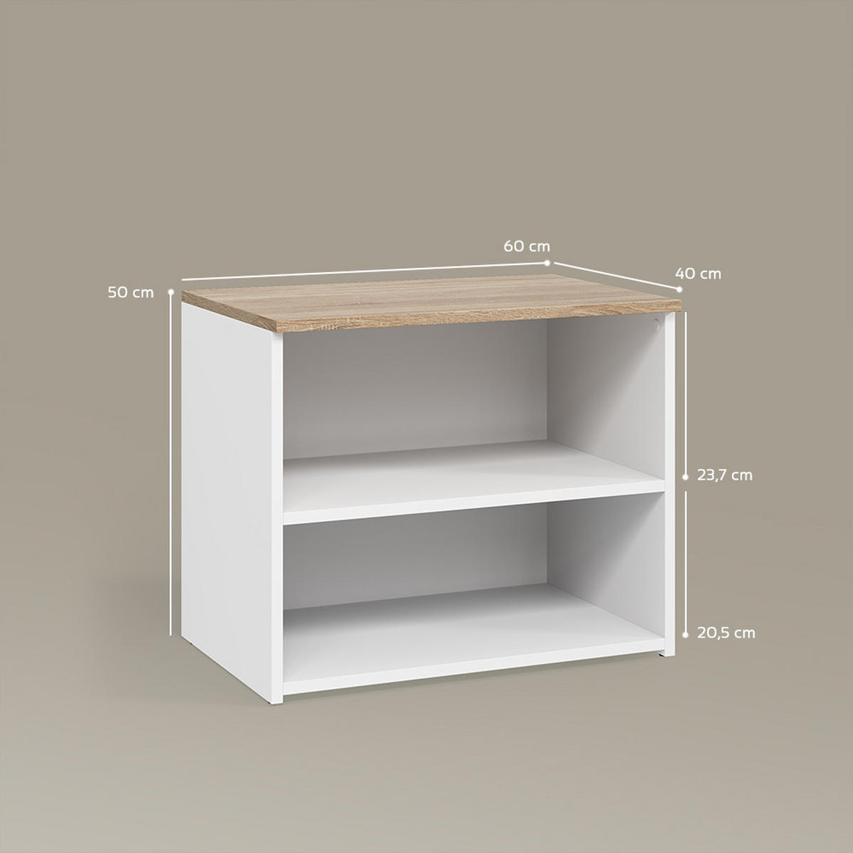LOWBOARD Piave Weiß/Sonoma 60 x 50 cm mit 2 Fächern - Weiß/Sonoma Eiche, Holzwerkstoff (60/50/40cm) - Livinity®