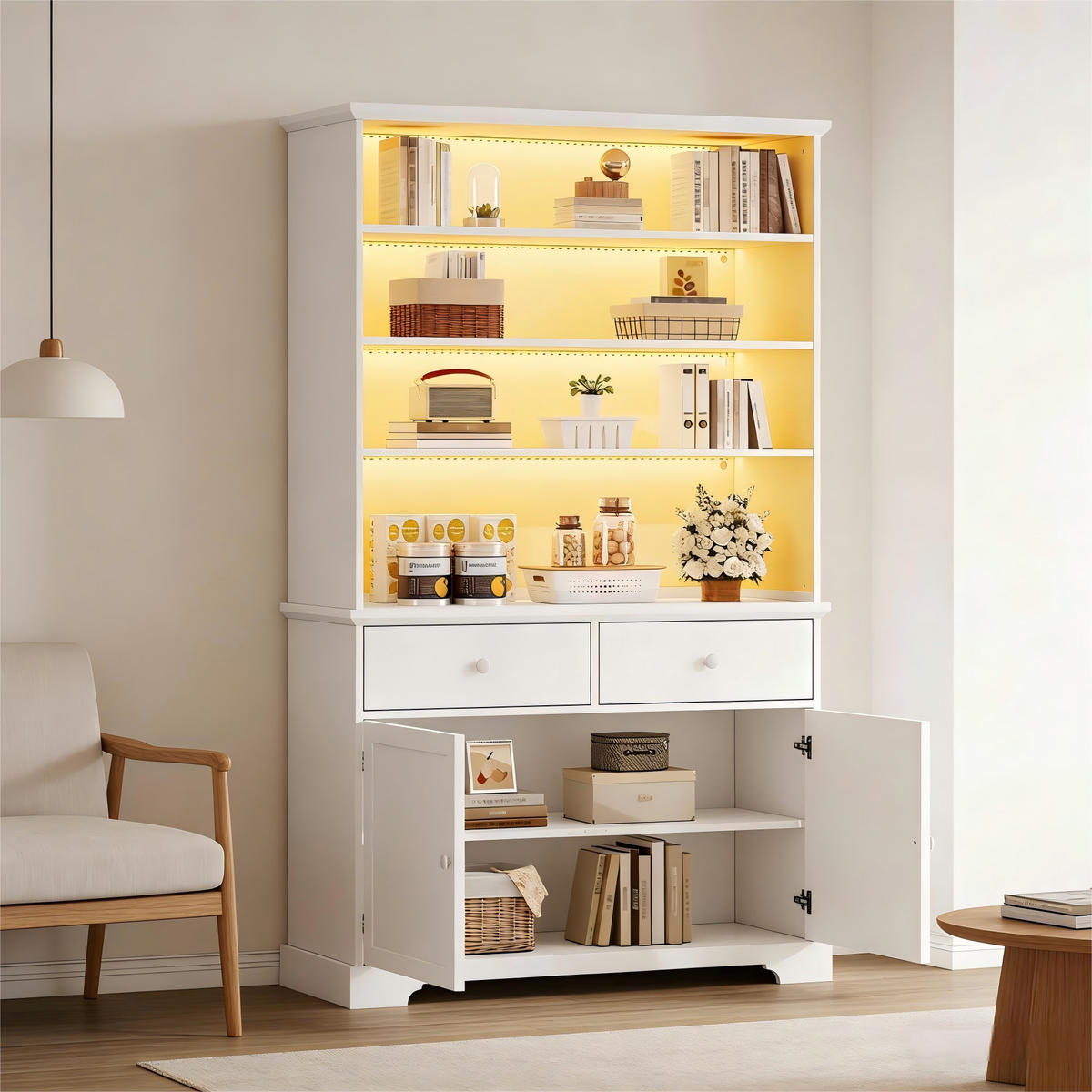 VITRINE LED Glasvitrine 170cm 2 Türen 2 Schubladen Weiß - Weiß, Holzwerkstoff (100/170/38cm) - FLIEKS