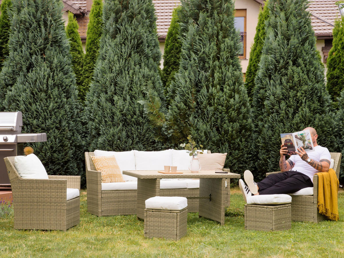 LOUNGE SET 5-Sitzer Rattan Auflagen weiß Fonti - Weiß/Braun, Kunststoff - Beliani