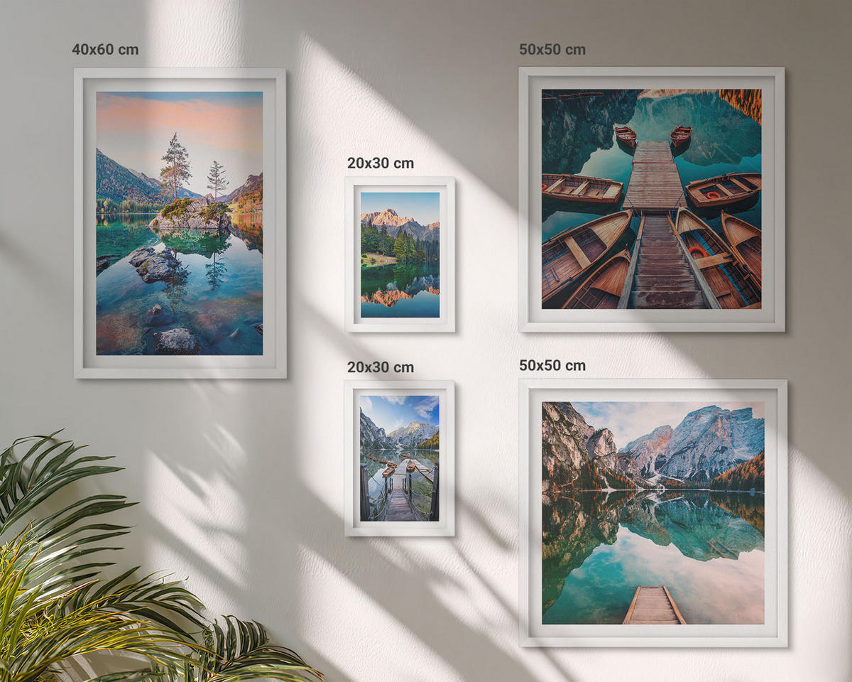 BILDER SET 5er Set - 50x50 cm & 20x30 cm & 40x60 cm Weißer Rahmen - Pfad Wald Wasserfall Vegetation - Weiß, Kunststoff (40/60cm) - TULUP