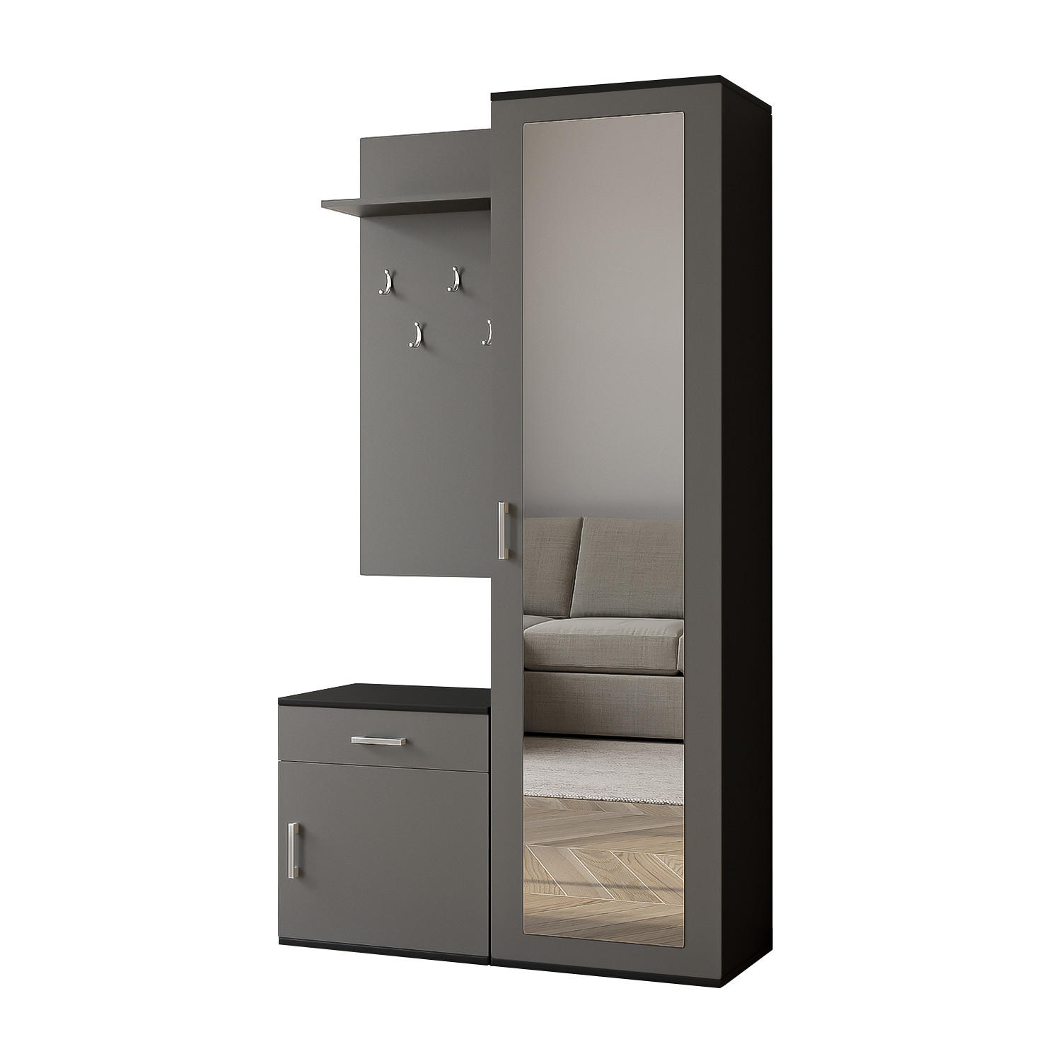 GARDEROBE Patricia 100 cm mit Spiegel, mit Schuhschrank und Schublade, schwarz, grau - Schwarz/Grau, Kunststoff (100/181/35cm) - Margaret Hadas24