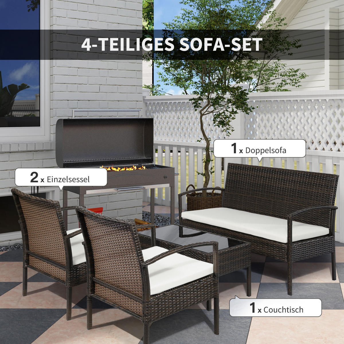 GARTENMÖBEL-SET 4-teiliges Rattensofa-Set Sitzgarnitur, Braun - Braun, Kunststoff