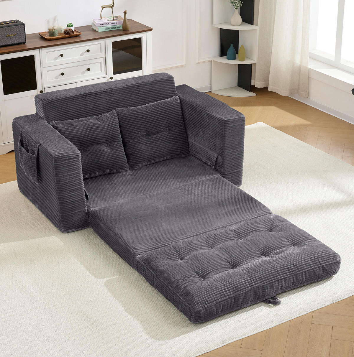 SOFA ausziehbar 2-Sitzer mit Seitentaschen Cord Dunkelgrau - Dunkelgrau, Kunststoff (140/67/85cm) - Meubliv