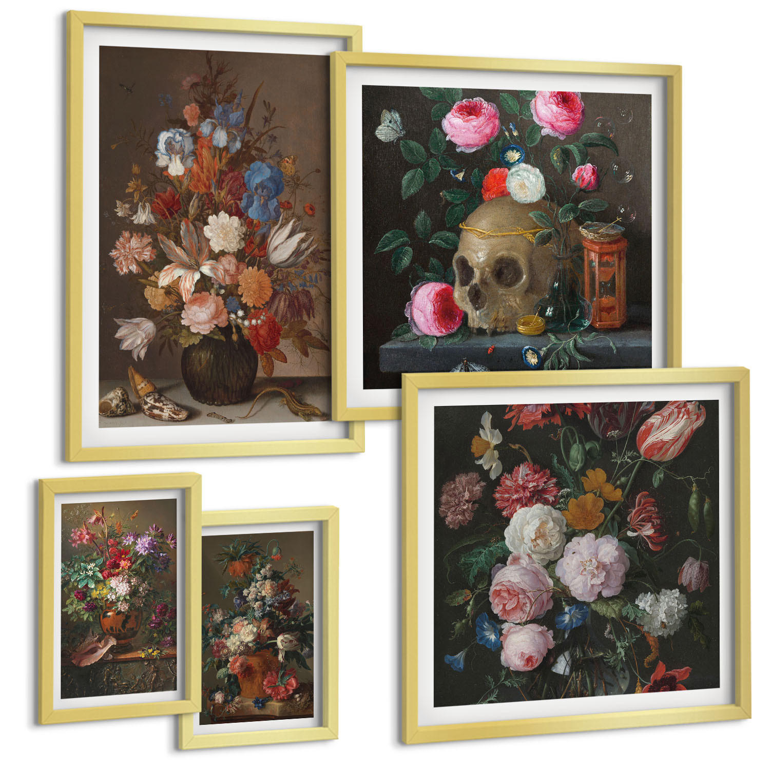 BILDER SET 5er Set - 50x50 cm & 20x30 cm & 40x60 cm Goldrahmen - Pfingstrosenporträt einer Frau für Zuhause - Goldfarben, Kunststoff (40/60cm) - TULUP