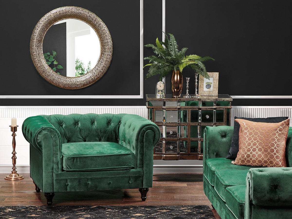 SESSEL Samtstoff grün Chesterfield - Dunkelbraun/Grün, Textil (110/70/75cm) - Beliani