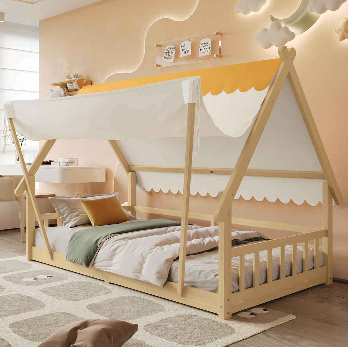 HAUSBETT aus Kiefer und Sperrholz 90x200 cm Weiß/Natur mit abnehmbarem Zelt und Sicherheitsgeländer - Weiß, Holzwerkstoff (90/200cm) - Modfu