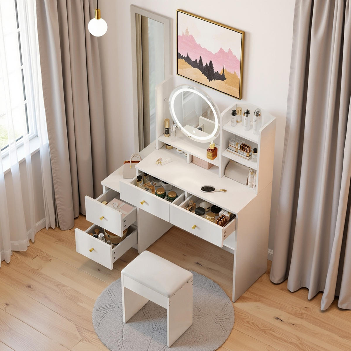 SCHMINKTISCH mit Hocker Weiß 109/36/164 CM - Weiß, Glas/Holzwerkstoff (36/164/109cm) - Urban Meuble