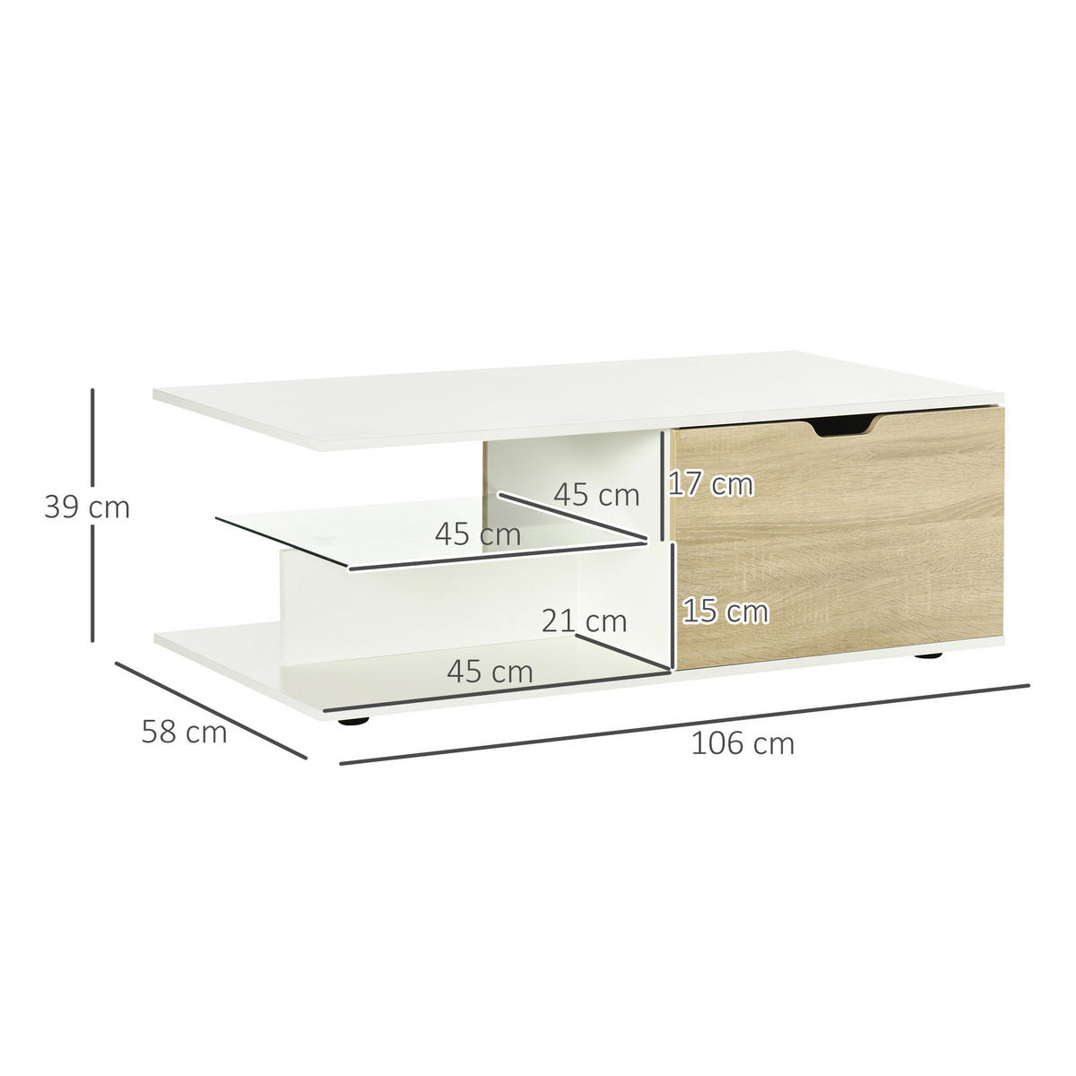 COUCHTISCH DE-15742 mit 2 Schubladen & Glasablage Weiß - Weiß, Holzwerkstoff (106/58/39cm) - ComfortXL
