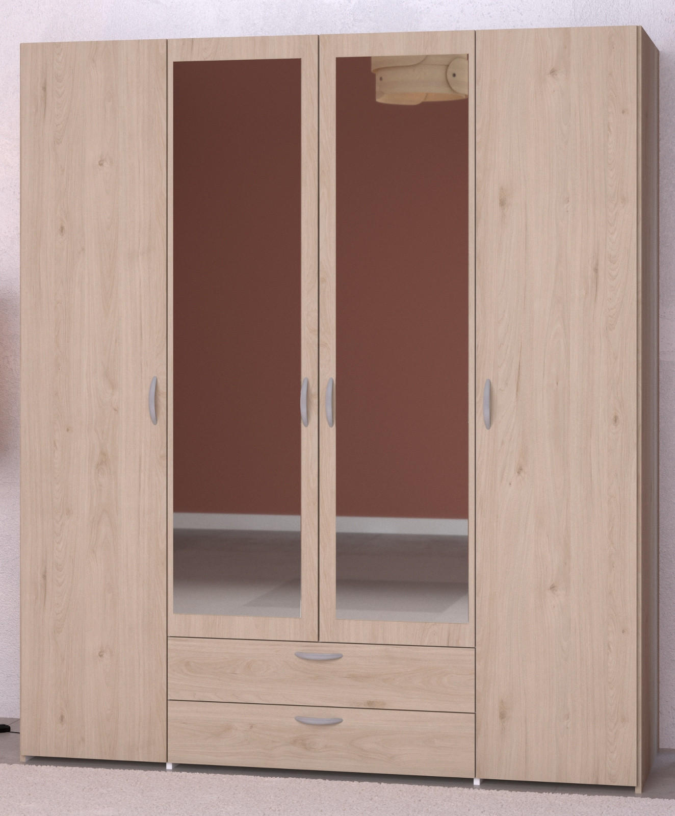 KLEIDERSCHRANK mit Spiegel Eiche 160 cm 4-türig Drehtürenschrank - Eichefarben/Silberfarben, Holzwerkstoff/Kunststoff (160/185/51cm) - Furn.Design