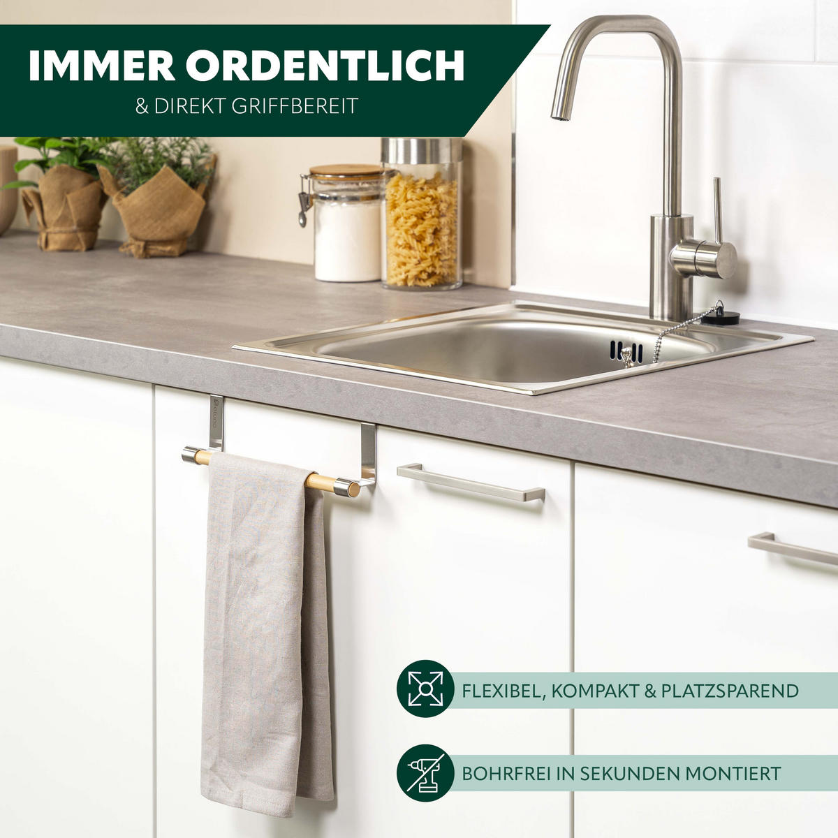 GESCHIRRHANDTUCHHALTER, Edelstahl, Bambus - Edelstahlfarben, Metall (25/7.5/6cm) - eluno