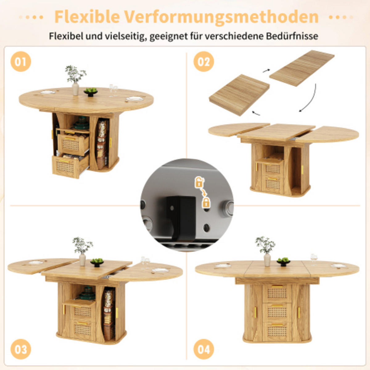 ESSTISCH Ausziehbarer 118-158×118×77,1 cm aus MDF und Metall mit Rattan-Schubladen, naturfarben - Naturfarben, Holzwerkstoff (158/118/77.1cm) - Luhomfu