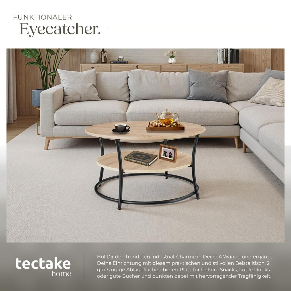 COUCHTISCH Cromford,80 x 46 cm,Industrial Holz hell, Eiche Sonoma - Naturfarben, Holzwerkstoff (80/80/46cm) - tectake