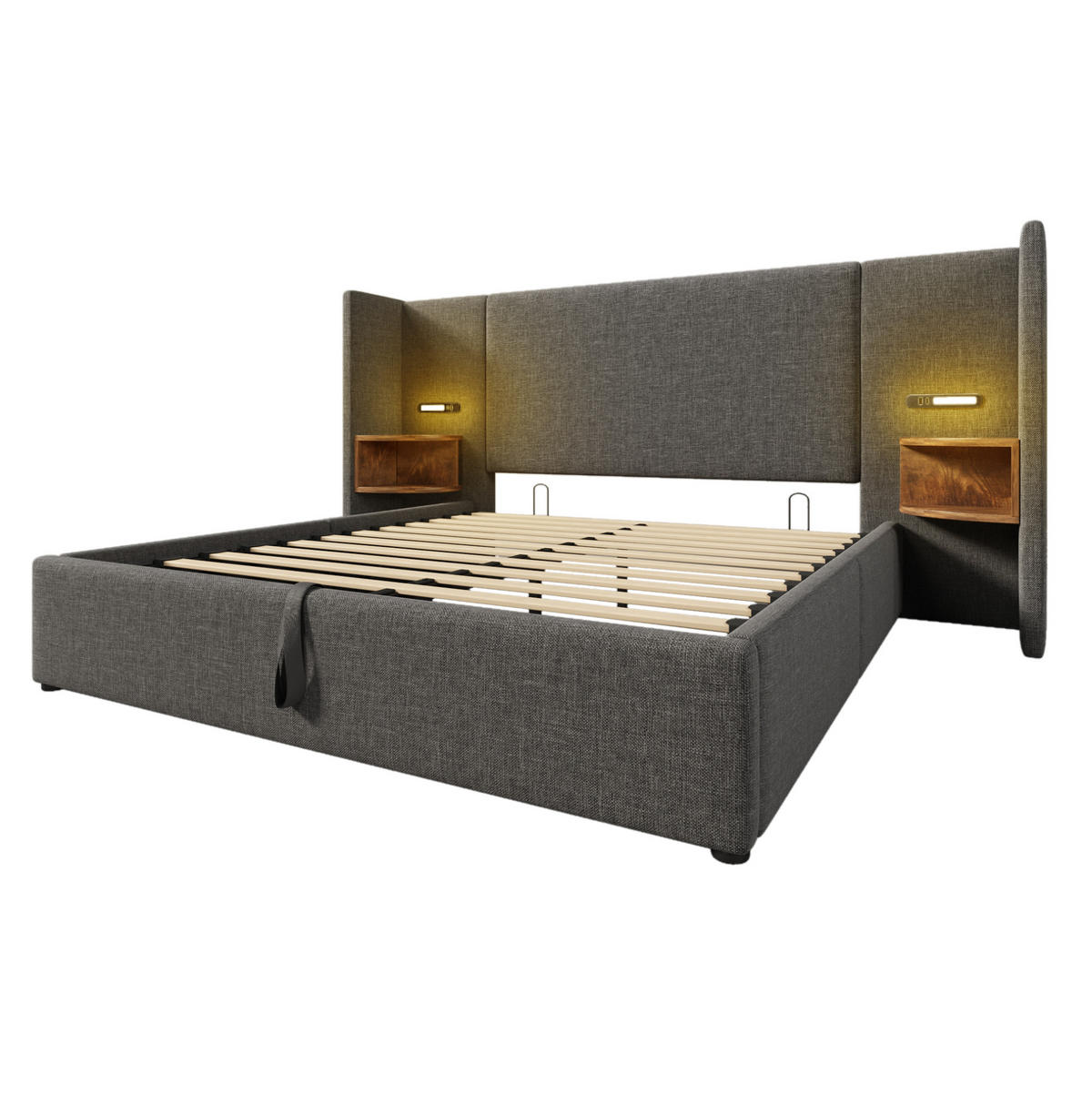 POLSTERBETT aus Leinen 160x200 cm Grau mit Bettkasten, Leselampe und USB-/Type-C-Anschlüssen - Grau, Textil (160/200cm) - IVMEU